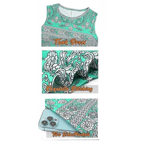 Summer Sundress Beach Floral Sleeveless Pockets Casual Loose Fit Blue Green XL - Picture 3 of 6